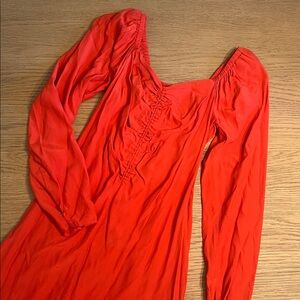 {a new day} red/orange puff long sleeve ruched front dress